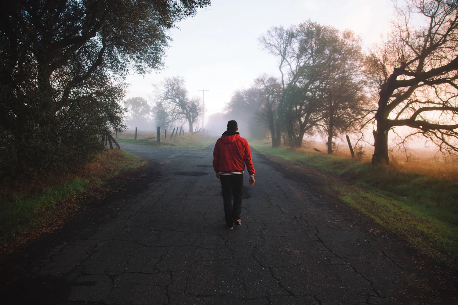 A person walking on a quiet road in early morning light